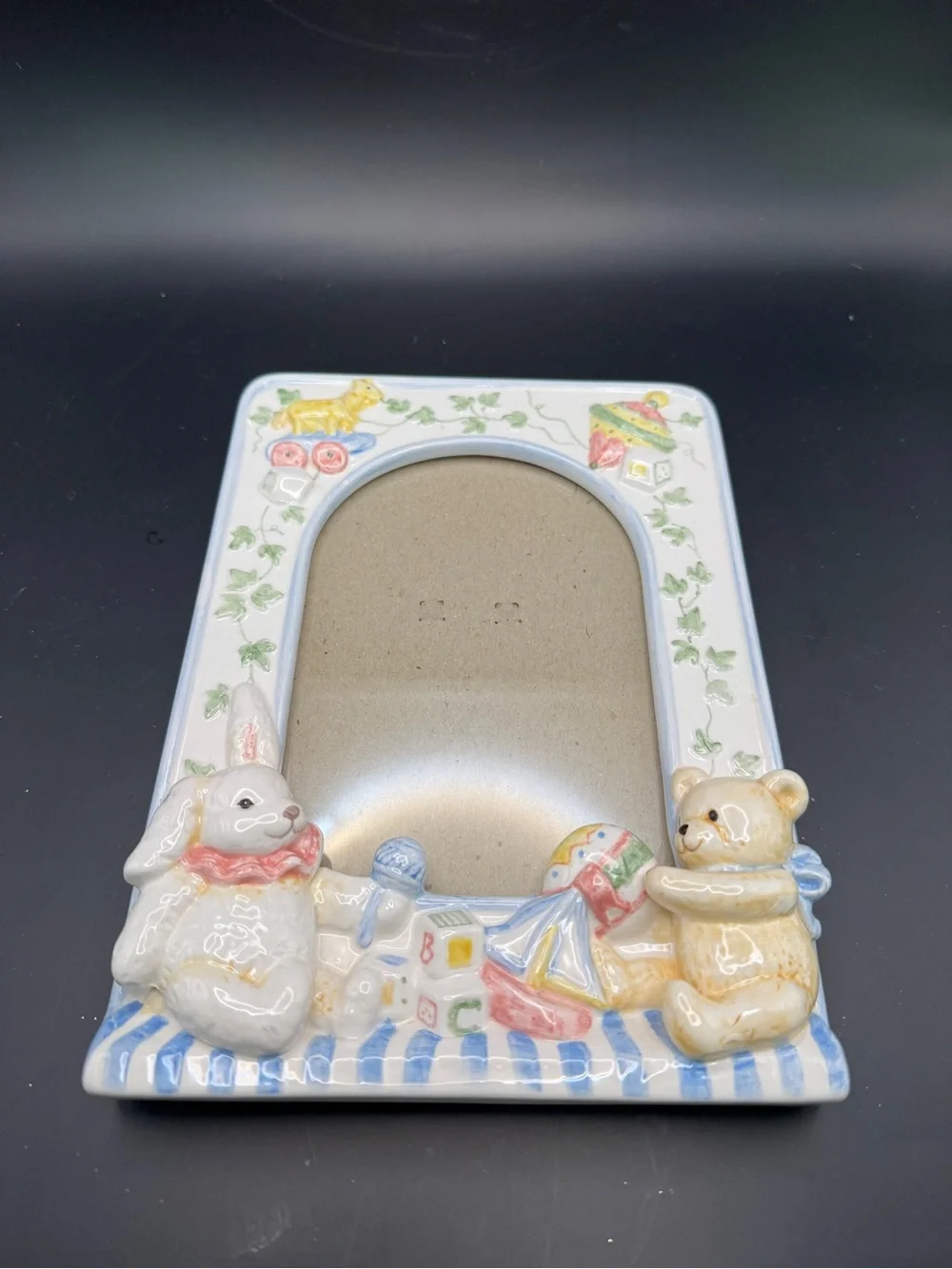 Vintage C.R. Gibson Nursery Ceramic 5x7 Picture Frame with Bunny, Bear - Pastel